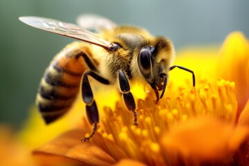High-definition Close-up Image of Honeybee Pollinating Flower: Unveiling the Minute Details of Nature with Mirrorless Camera and Macro Lens generative AI