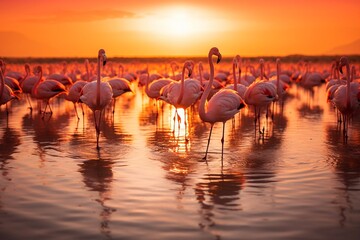High-definition Image of Flock of Flamingos at Sunset: Capturing the Peaceful Interaction of Wildlife with a Full-frame DSLR Camera and Wide-angle Lens generative AI