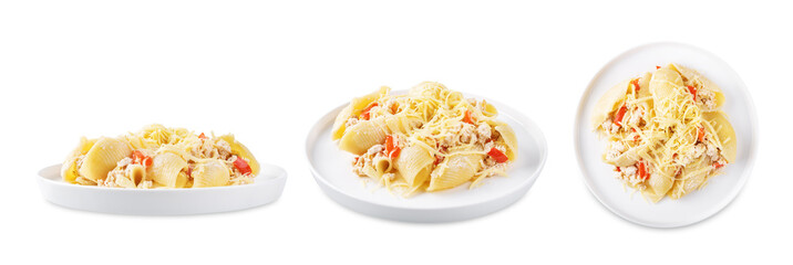 Conchiglie pasta with minced chicken, red pepper and ricotta cheese on a white isolated background