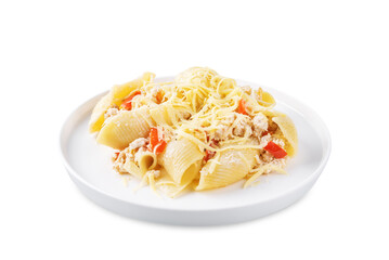 Conchiglie pasta with minced chicken, red pepper and ricotta cheese on a white isolated background