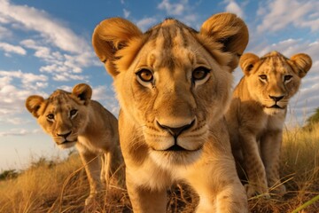 High-definition Image of Pride of Lions in Savannah: Depicting the Vastness of Wildlife Habitats with Full-frame DSLR and Wide-angle Lens generative AI