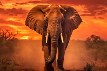 High-definition Image of Majestic Elephant Under African Sunset: Showcasing the Grandeur of Wildlife with Full-frame DSLR and Telephoto Lens generative AI
