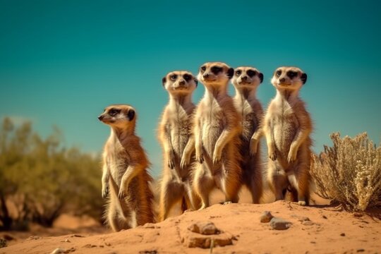 Family of Meerkats Alert in Desert Landscape: Showcasing the Adaptability of Animals in Harsh Environments generative AI