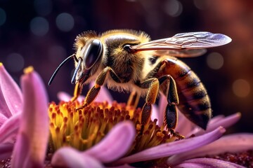 High-definition Detailed Close-Up of Bee Pollinating Flower: Capturing Intricate Details and Colors with Mirrorless Camera and Macro Lens generative AI
