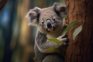 High-definition Detailed Image of Koala Clinging to Eucalyptus: Capturing Textures and Softness with a Mirrorless Camera and Prime Lens generative AI