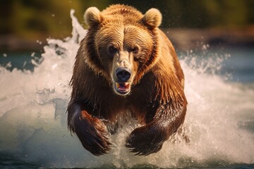 High-definition Image of Grizzly Bear Hunting: Showcasing Power and Agility in the Wild, Captured with a Full-Frame DSLR Camera and Telephoto Lens generative AI