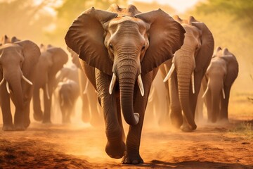 High-definition Image of Elephants in African Savannah: Showcasing Grandeur of Wildlife and Landscape with Full-Frame DSLR Camera and Wide-Angle Lens generative AI