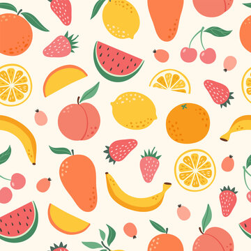 Vector seamless pattern of colorful fruits and berries. Summer print with hand drawn fruits. Tropical pattern of banana, lemon, orange, peach, strawberry, lemon, cherry, mango.