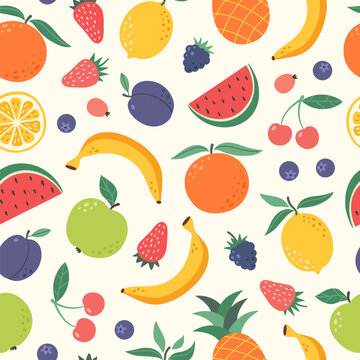 Vector seamless pattern of colorful fruits and berries. Summer print with hand drawn fruits. Tropical pattern of banana, apple, peach, strawberry, lemon, orange, cherry, and pineapple.