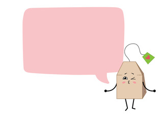 Cute kawaii tea bag with a big speech bubble. Cartoon character tea bag with a place for text. Vector illustration isolated on white background