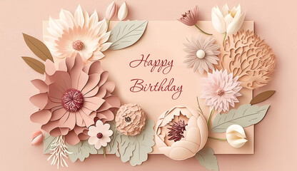 Pink flowers on a pink background. Happy birthday. Postcard. Generated AI