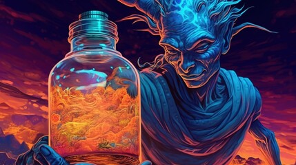 A djinn emerging from a bottle . Fantasy concept , Illustration painting. Generative Ai - obrazy, fototapety, plakaty