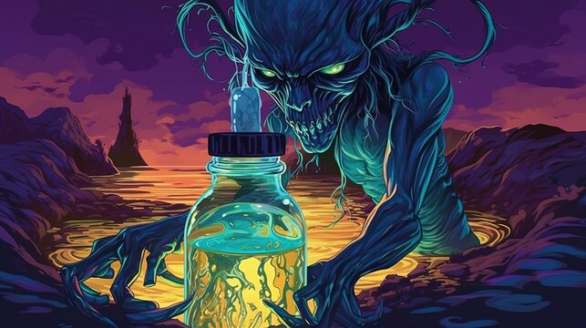 A djinn emerging from a bottle . Fantasy concept , Illustration painting. Generative Ai