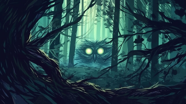 A dark forest with a pair of glowing eyes peering from the shadows . Fantasy concept , Illustration painting. Generative Ai