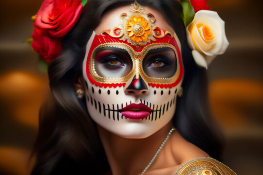 A beautiful brunette with a stylized makeup of La Katrina mask, dia de los muertos_Generative AI_2.