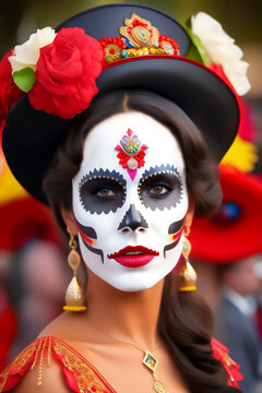 A beautiful brunette with a stylized makeup of La Katrina mask, dia de los muertos_Generative AI_14.