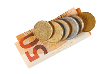 Euro folded paper note with metal coins, cents, cash money isolated on white, top view 