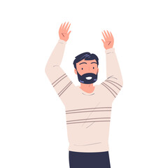 Naklejka premium Happy Bearded Man Character Waving Hand and Smiling Vector Illustration