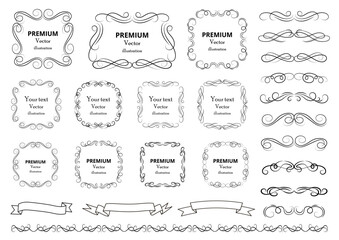 Calligraphic design elements . Decorative swirls or scrolls, vintage frames , flourishes, labels and dividers. Retro vector illustration