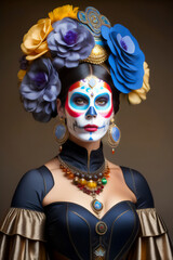 A beautiful brunette with a stylized makeup of La Katrina mask, dia de los muertos_Generative AI_31.