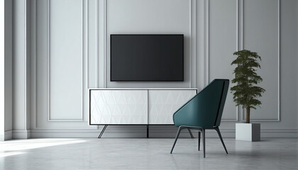 Modern living room with armchair, The TV cabinet is located on the living room's white plaster wall.