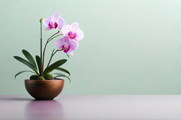 Fototapeta na wymiar Orchid arrangement in a vase on a light green background, with a wooden minimalist sculpture as minimalist decor