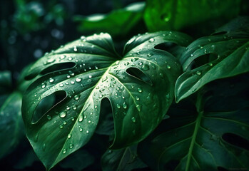 Obraz premium large green leaves with water drops