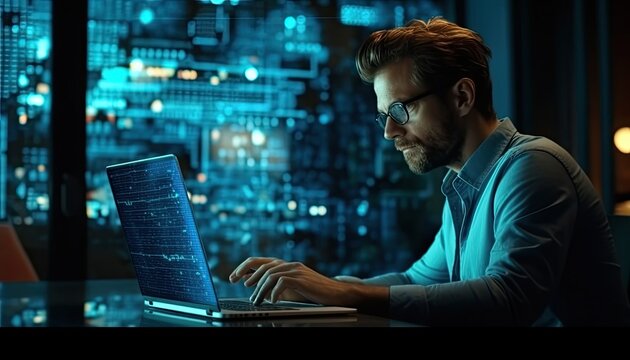 Data scientist, Programmer using laptop analyzing financial data on futuristic virtual interface. Algorithm. Global business development, strategy and planning, digital technology.