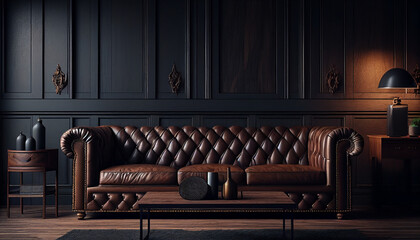 Fototapeta na wymiar Interior background of a dark living room with a leather sofa, Generative AI