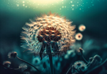 a blooming dandelion with the sun reflecting on i