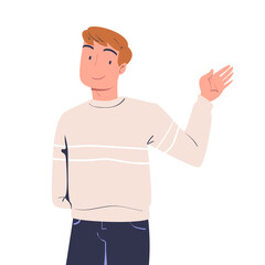 Happy Man Character Waving Hand and Smiling Vector Illustration