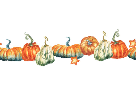 Watercolor Thanksgiving Pumpkin Border. Hand-drawn Pastel Pumpkins - Pink, Grey, Orange, Beige. Seamless Header Isolated On The White Background.