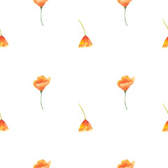 Cotton fabric Watercolor seamless pattern with flowers California poppy. Watercolor print isolated on white background for textile or wallpapers, illustration in provence style.