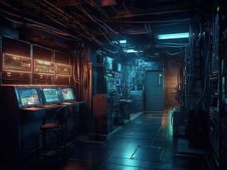 Server room cyberpunk style created with Generative AI technology.