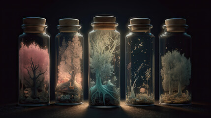 Ethereal Scenery: A Series of Fantasy Object Illustrations in Mood Inside Glass Bottles, Created with Generative AI