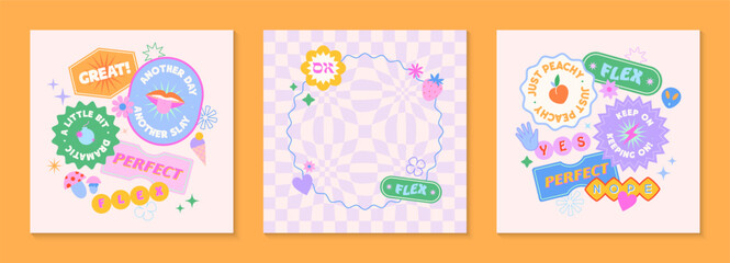 Vector templates with patches and stickers in 90s style.Modern emblems in y2k aesthetic with chess backgrounds.Trendy funky designs for banners,social media marketing,branding,packaging,covers