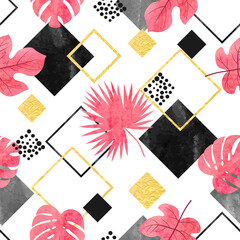 Seamless summer pattern with tropical leaves and geometric shapes. Vector abstract trendy print