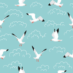 Seamless seagull pattern. Cartoon flying marine birds and doodle clouds vector background