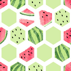 Seamless abstract summer pattern with watermelon. Vector hexagon geometric background - 613298120