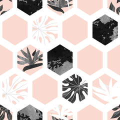 Seamless abstract geometric pattern with tropical leaves. Vector hexagon background. Summer design
