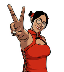 Chinese girl with victory sign symbol red dress and glasses