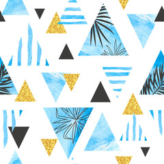 Seamless abstract summer pattern. Vector geometric background with blue watercolor triangles and tropical leaves