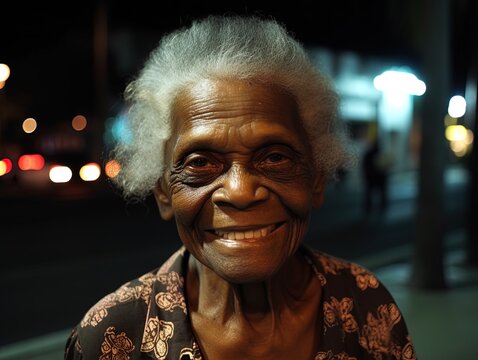 Afro-american Senior Woman Smiling In Miami, Happiness Reflecting In Her Warm Eyes, Beautiful Emotion Of Love And Self-confidence. Generative AI.