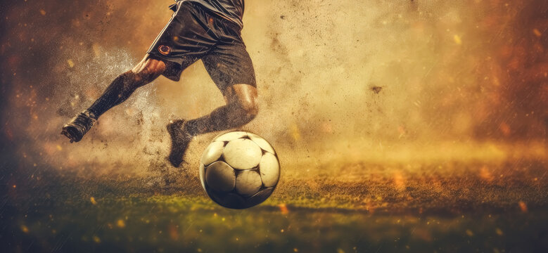 Athlete's leg kicking soccer ball in the grass field. Generative Ai.