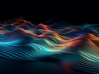 Shiny wave in motion background for banner. Abstract blue orange hologram glow fluid backdrop. Generative AI
