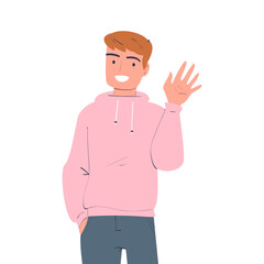 Happy Man Character Waving Hand and Smiling Vector Illustration
