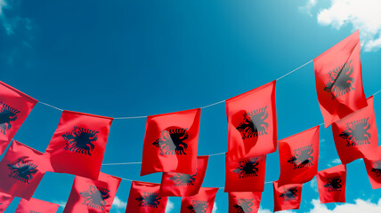 Flag of Albania against the sky, flags hanging vertically