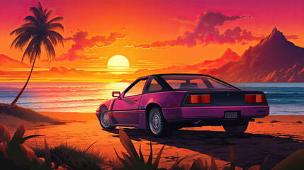 Fototapeta na wymiar 80s Sports Car on a Coastal Sunset Drive Illustration