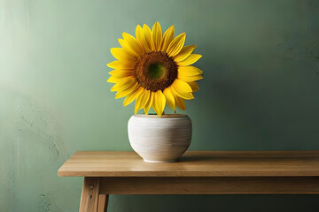 Sunflower bouquet in a vase on a light green background, with a ceramic minimalist bowl as minimalist decor
