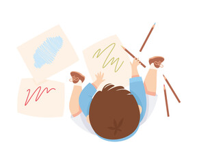 Little Boy Character Sitting and Drawing with Pencils on Paper Above View Vector Illustration